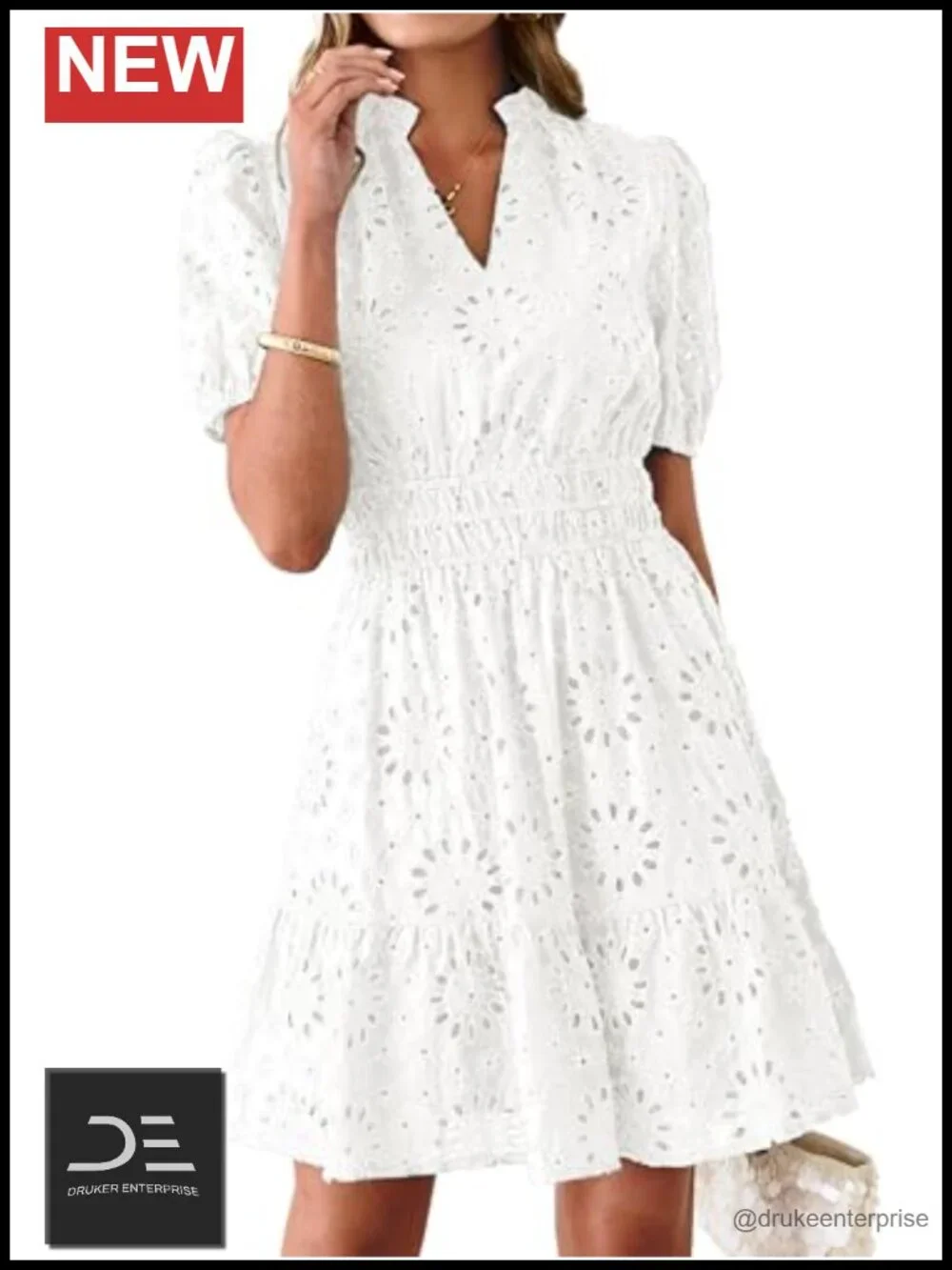 Women's Eyelet Lace Mini Dress with Pockets V Neck Puff Sleeve Boho